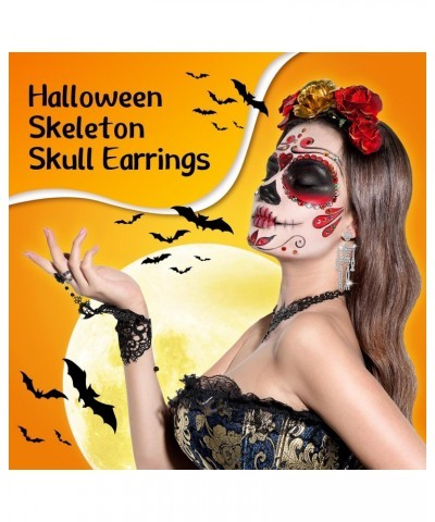 4 Pairs Halloween Skeleton Skull Earrings Jewelry Rhinestone Crystal Gothic Bling Skeleton Dangle Earrings for Women Girls Ha...