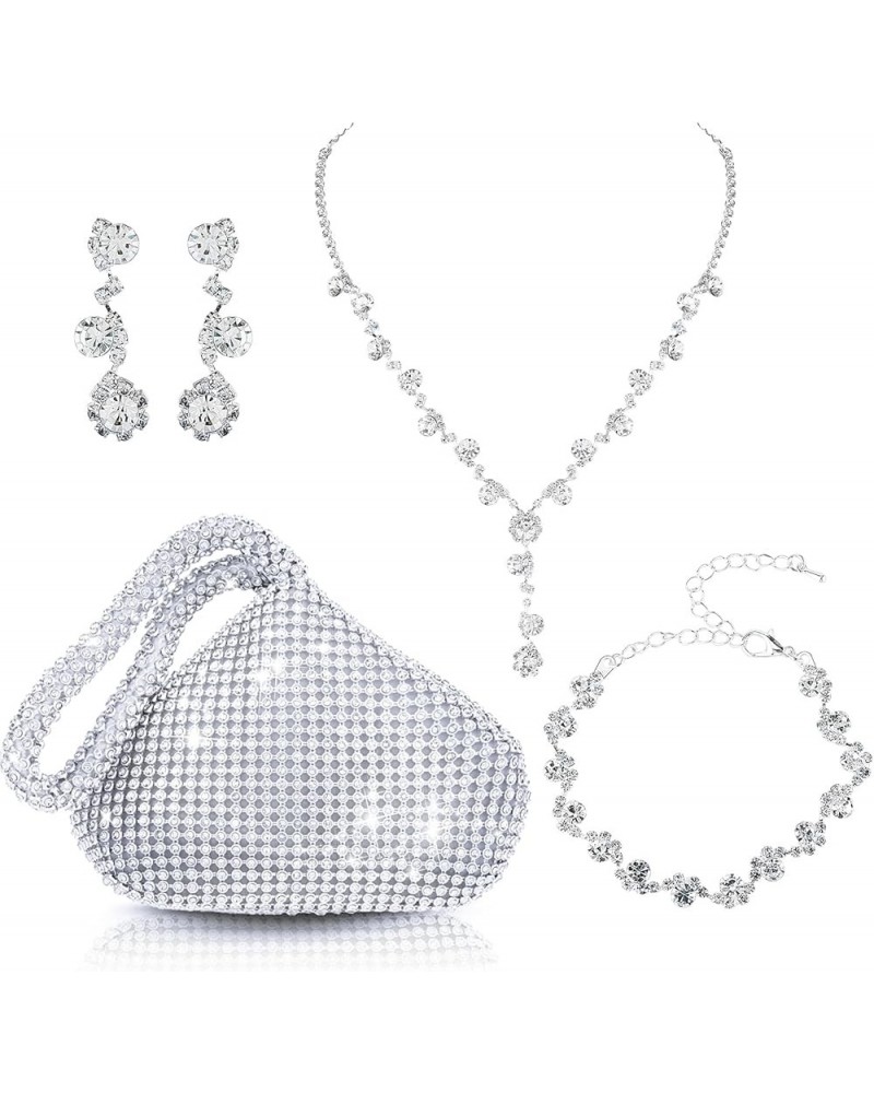 Bridal Wedding Jewelry Set Silver Clutch Purse Bag Rhinestone Evening Bag Necklace Earrings Bracelet for Women and Girl C $11...