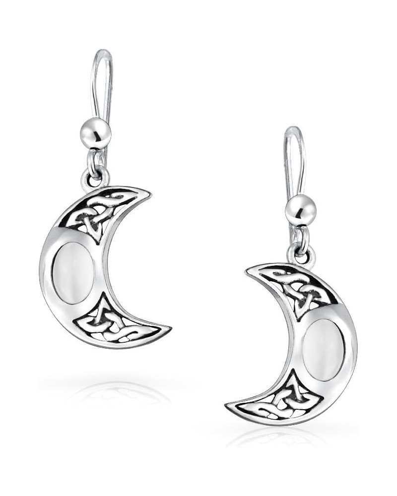 White Rainbow Crescent Moon Moonstone Celtic Irish Knot Work Oval Bezel Set Fish Hook Dangle Earrings .925 Silver $16.23 Earr...