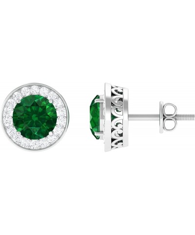 Created Emerald Halo Stud Earrings with Diamond |6 MM | AAAA Quality | Green Gemstone Jewelry 14K White Gold $243.54 Earrings