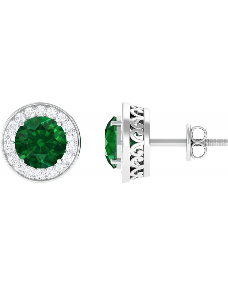 Created Emerald Halo Stud Earrings with Diamond |6 MM | AAAA Quality | Green Gemstone Jewelry 14K White Gold $243.54 Earrings