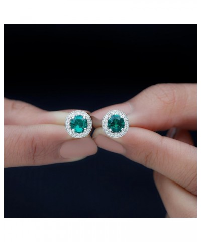 Created Emerald Halo Stud Earrings with Diamond |6 MM | AAAA Quality | Green Gemstone Jewelry 14K White Gold $243.54 Earrings