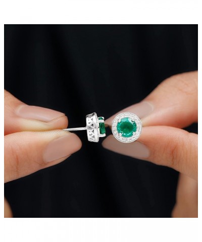 Created Emerald Halo Stud Earrings with Diamond |6 MM | AAAA Quality | Green Gemstone Jewelry 14K White Gold $243.54 Earrings