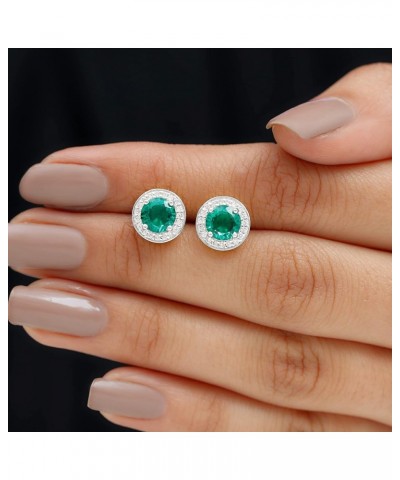 Created Emerald Halo Stud Earrings with Diamond |6 MM | AAAA Quality | Green Gemstone Jewelry 14K White Gold $243.54 Earrings