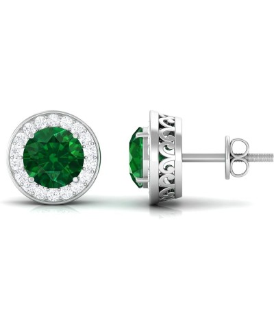 Created Emerald Halo Stud Earrings with Diamond |6 MM | AAAA Quality | Green Gemstone Jewelry 14K White Gold $243.54 Earrings