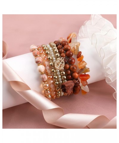 Bohemian Natural Stone Beaded Bracelets for Women Girls Stackable Stretch Beads Bracelet Set with Charm and Tassel Multilayer...