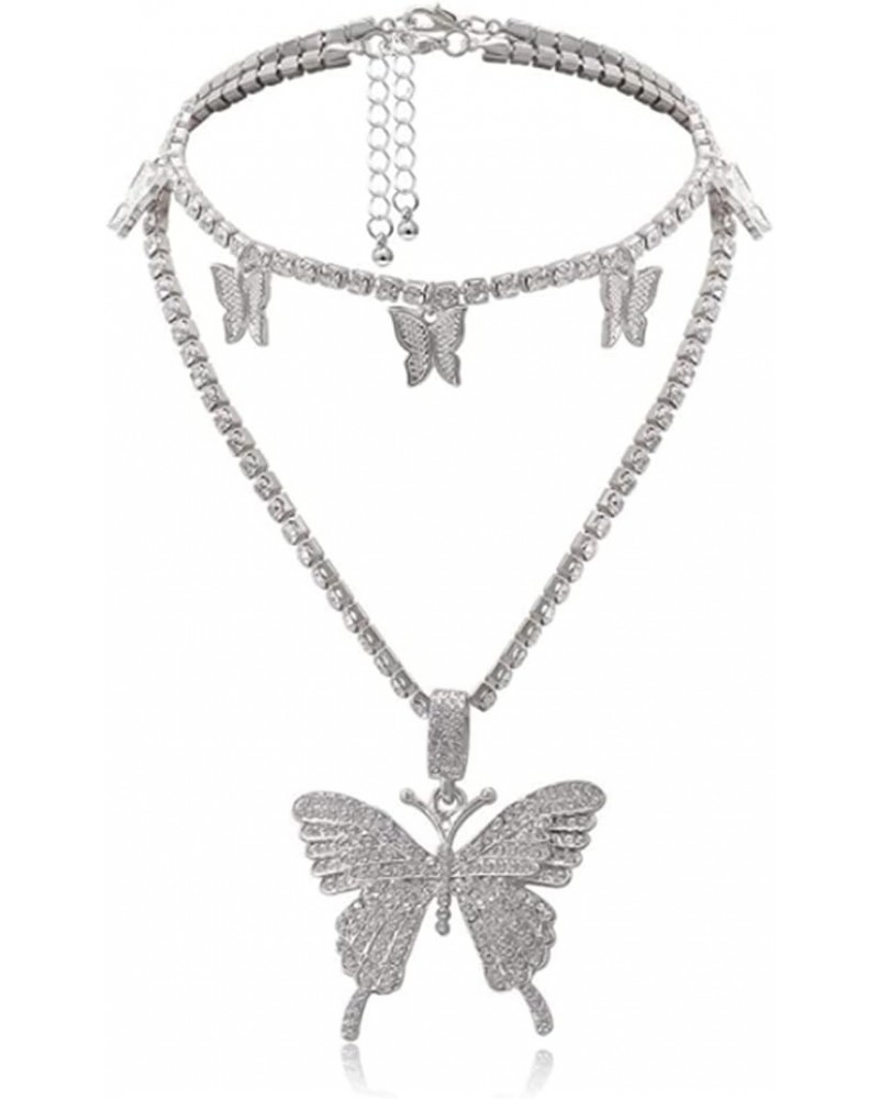 Crystal Butterfly Choker Necklace Silver Rhinestone Pendant Necklaces Sparkly Tennis Chain for Women and Girls (Layered Butte...