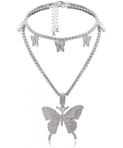 Crystal Butterfly Choker Necklace Silver Rhinestone Pendant Necklaces Sparkly Tennis Chain for Women and Girls (Layered Butte...