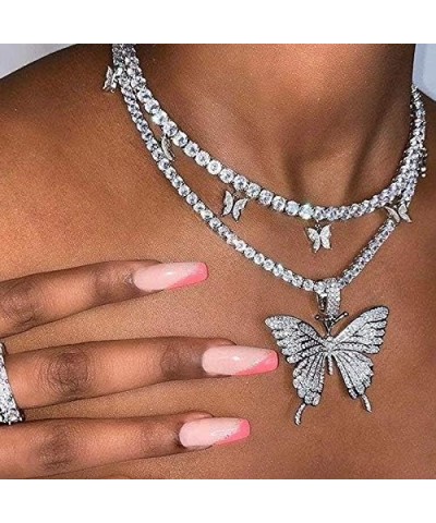 Crystal Butterfly Choker Necklace Silver Rhinestone Pendant Necklaces Sparkly Tennis Chain for Women and Girls (Layered Butte...