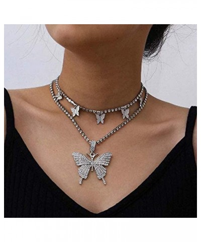 Crystal Butterfly Choker Necklace Silver Rhinestone Pendant Necklaces Sparkly Tennis Chain for Women and Girls (Layered Butte...