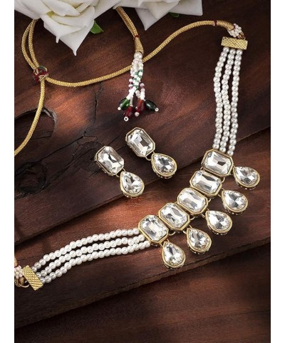 18K Gold Plated Indian Wedding Handcrafted Pearl Beaded Choker with Earrings for Women/Girls White $14.04 Jewelry Sets