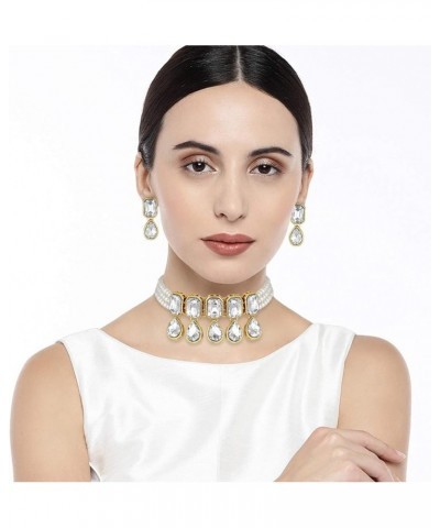 18K Gold Plated Indian Wedding Handcrafted Pearl Beaded Choker with Earrings for Women/Girls White $14.04 Jewelry Sets