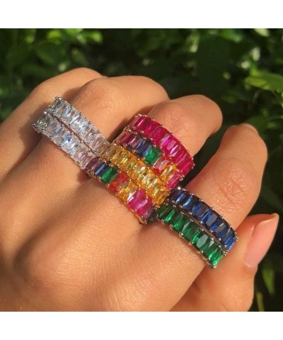 Cubic Zirconia Emerald Cut Eternity Ring Colorful Eternity Rainbow Ring Multi Color Gemstone Bands Ring Jewelry Gift Yellow 9...