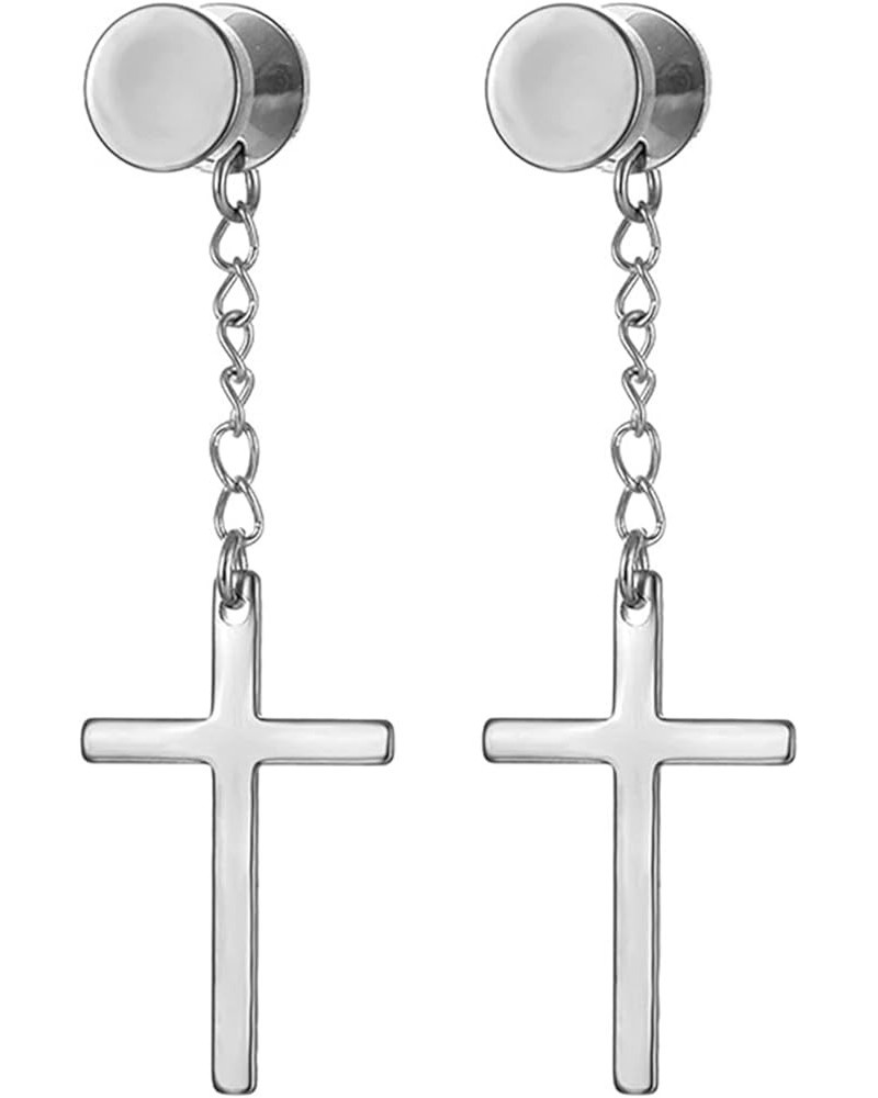 Steel Earrings For Women, Men Women Stainless Steel Barbell with Chain Cross Pendant Dangle Earrings Silver $9.17 Earrings