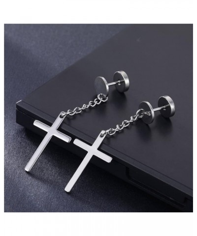 Steel Earrings For Women, Men Women Stainless Steel Barbell with Chain Cross Pendant Dangle Earrings Silver $9.17 Earrings