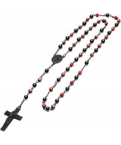 Rosary Red 6 mm Bead Gold and Black Tone Guadalupe & Jesus Cross 28" Necklace HR 600 BKBK / Red $7.01 Necklaces