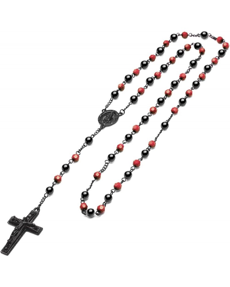 Rosary Red 6 mm Bead Gold and Black Tone Guadalupe & Jesus Cross 28" Necklace HR 600 BKBK / Red $7.01 Necklaces