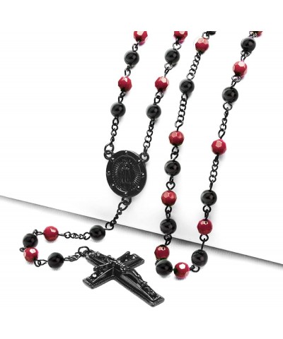 Rosary Red 6 mm Bead Gold and Black Tone Guadalupe & Jesus Cross 28" Necklace HR 600 BKBK / Red $7.01 Necklaces