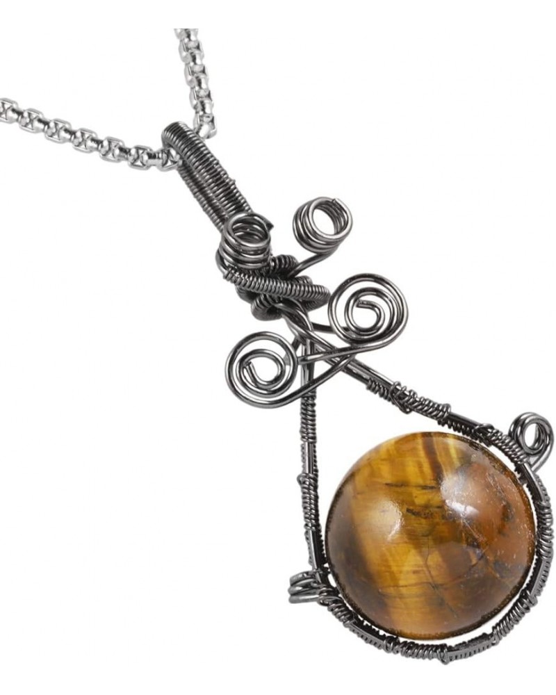 Wire Wrapped Round Healing Crystal Stone Necklace Chakra Symbol Bead Pendant with Chain Brown $13.19 Necklaces