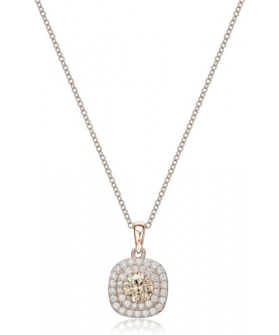 14K Rose Gold-Plated .925 Sterling Silver Champagne & White Cubic Zirconia Cushion-Shaped Double-Halo Pendant Necklace and Ri...