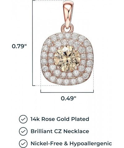 14K Rose Gold-Plated .925 Sterling Silver Champagne & White Cubic Zirconia Cushion-Shaped Double-Halo Pendant Necklace and Ri...