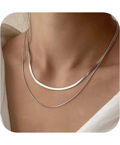 Herringbone Necklace for Women Dainty 14k Gold Snake Chain Necklace Layered Gold Herringbone Double Flat Snake Chain Choker N...