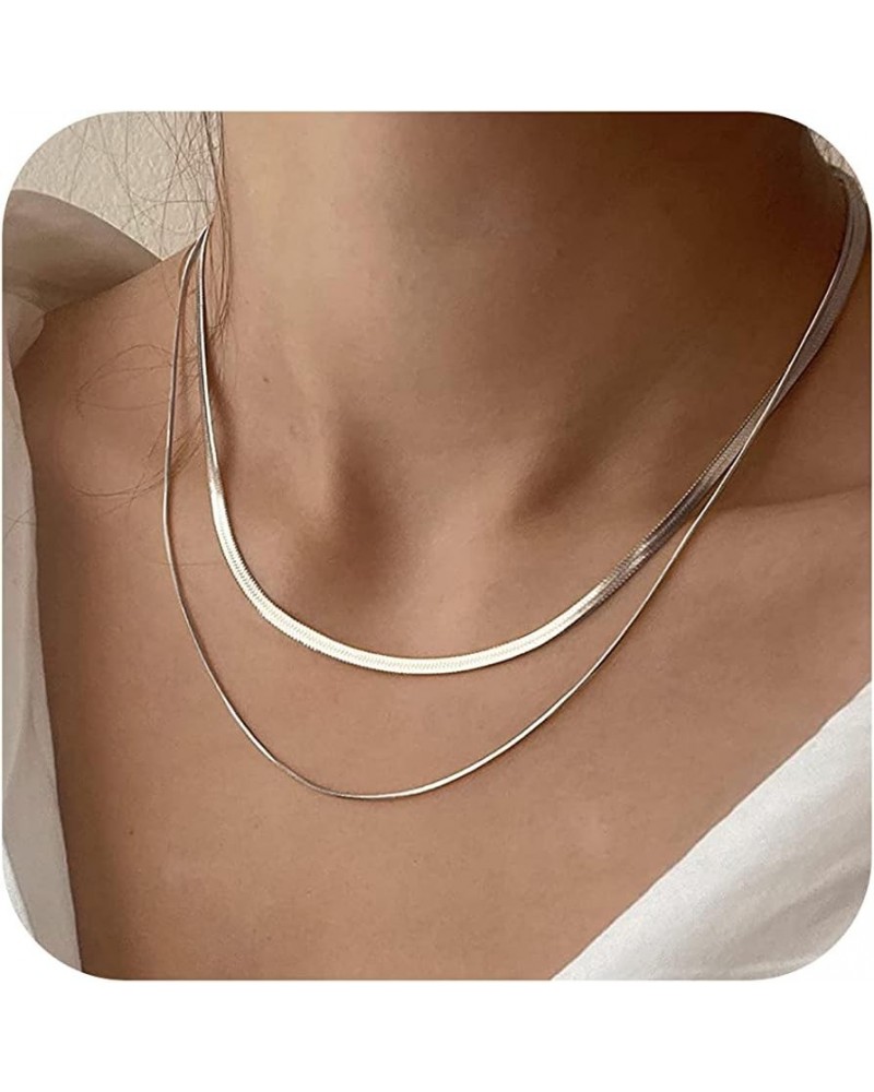 Herringbone Necklace for Women Dainty 14k Gold Snake Chain Necklace Layered Gold Herringbone Double Flat Snake Chain Choker N...