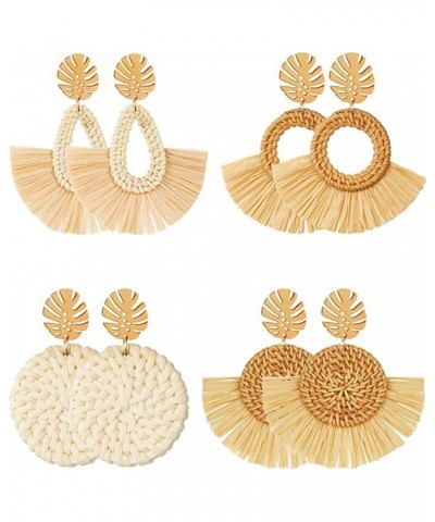 4 Pairs Trendy Styles Bohemian Handmade Earring For Women Girls - Lightweight Handwoven Drawn Wicker Rattan Earrings Straw Da...
