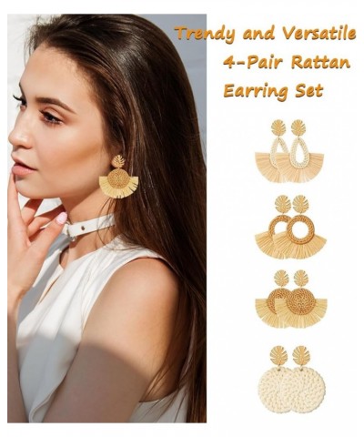 4 Pairs Trendy Styles Bohemian Handmade Earring For Women Girls - Lightweight Handwoven Drawn Wicker Rattan Earrings Straw Da...