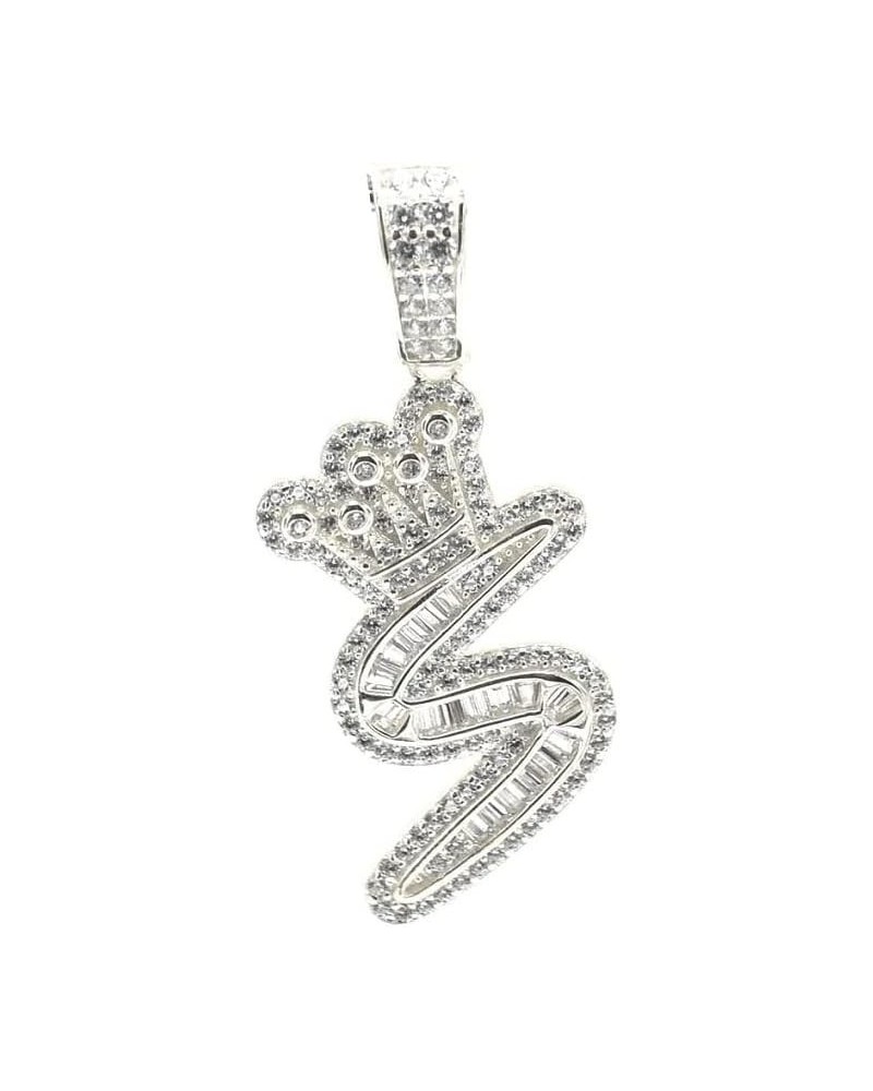 Unisex Real Solid 925 Sterling Silver Baguette Cubic Zirconia Crown Initial Letter Alphabet A-Z Pendant Medium 1'' Length Ini...