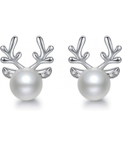 Christmas Deer Earring Pearl Stud Earring Silver Reindeer Stud Earring Gift for Women $11.73 Earrings