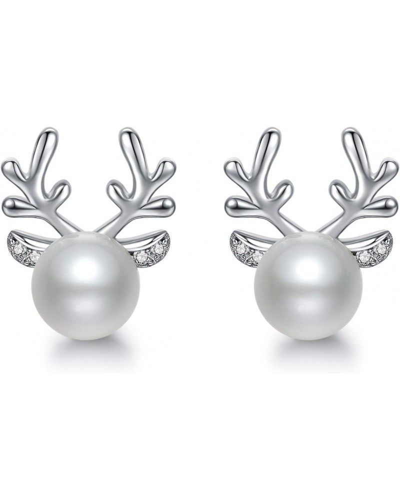 Christmas Deer Earring Pearl Stud Earring Silver Reindeer Stud Earring Gift for Women $11.73 Earrings