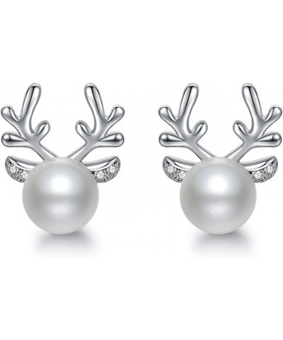 Christmas Deer Earring Pearl Stud Earring Silver Reindeer Stud Earring Gift for Women $11.73 Earrings