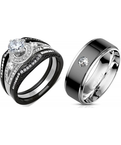 His Hers 4 PCs Womens Black Stainless Steel Round CZ Wedding Engagement Ring Set Mens Bezel Set CZ Wedding Band Size Women's ...