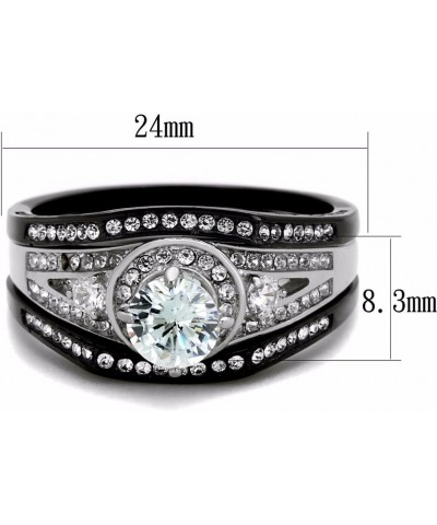 His Hers 4 PCs Womens Black Stainless Steel Round CZ Wedding Engagement Ring Set Mens Bezel Set CZ Wedding Band Size Women's ...