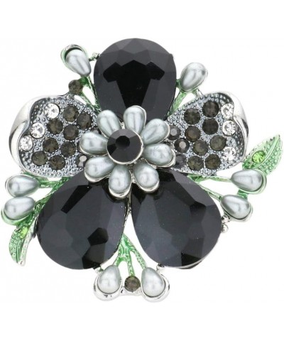 Women's Stunning Statement Crystal Teardrop And Pave Petals With Simulated Pearl Flower Large Stretch Cocktail Ring Jet Black...