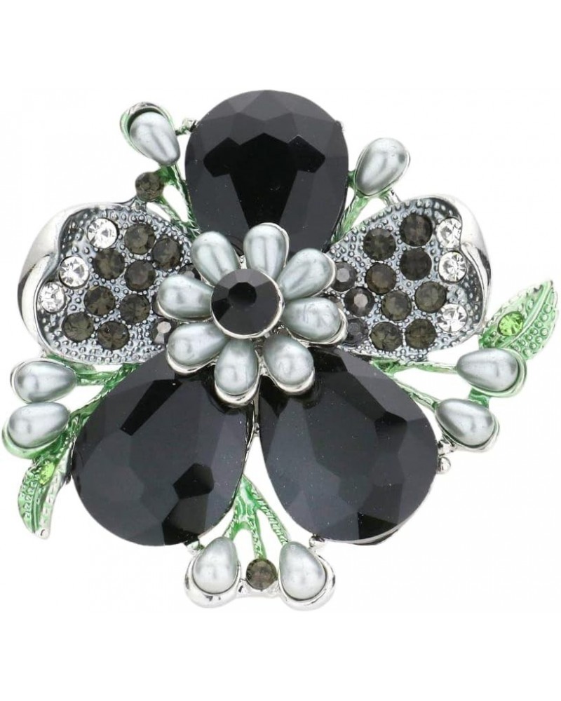 Women's Stunning Statement Crystal Teardrop And Pave Petals With Simulated Pearl Flower Large Stretch Cocktail Ring Jet Black...