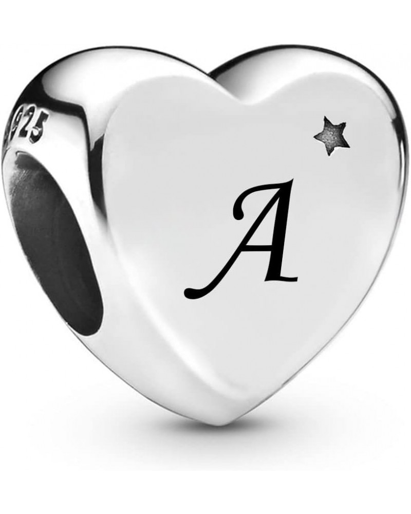 Initial A to Z Letter Heart Charm fits Pandora Moments Bracelets Alphabet Star S925 Sterling Silver Beads Family Birthday Ini...