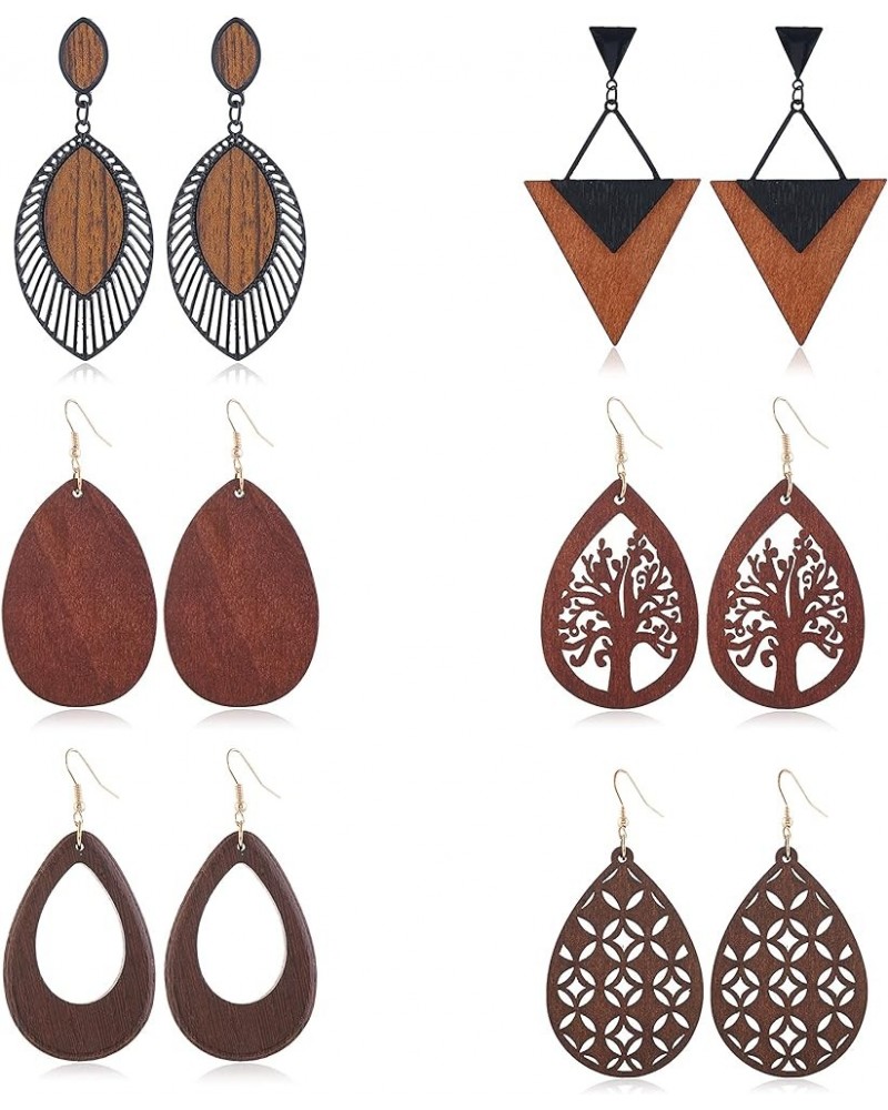 2 Pairs Bohemian Lightweight Wooden Tree of Life Dangle Earrings Handmade Teardrop Round Wood Earrings for Women 6 pairs A $8...