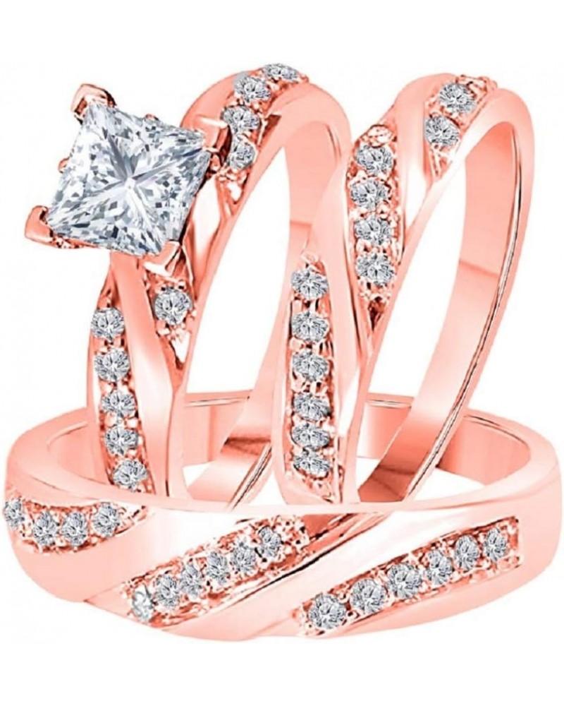 1.00 Carat Princess Cut Created Diamond 14K Rose Gold Over 925 Sterling Sliver Engagement Bridal Wedding Band Trio Ring Set F...