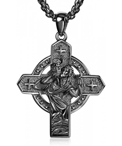 925 Sterling Silver Patron Saint Necklace | Amulet Necklace Cross Jewelry for Men with 2.5mm 22"+2" Rolo Chain B03-Saint Chri...