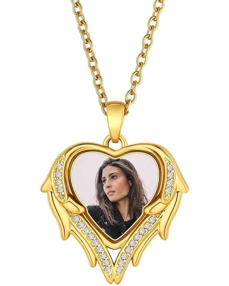 Customized Heart Photo Necklace Plain/Bling CZ/Rose/Angel Wings/Rotatable 2-Side Picture Pendant Stainless Steel/Gold Plated/...