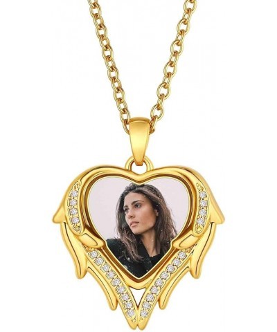 Customized Heart Photo Necklace Plain/Bling CZ/Rose/Angel Wings/Rotatable 2-Side Picture Pendant Stainless Steel/Gold Plated/...