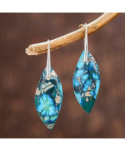 Imperial Jasper Natural Stone Colorful Drop Earrings Leaf Shape Jewelry for Women Girls Blue $8.84 Earrings