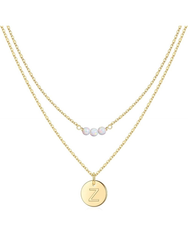 Layered Initial Necklaces for Women, 14K Solid Gold Over Opal Necklace Dainty Letter Necklce Round Disc Pendant Adjustable Ch...