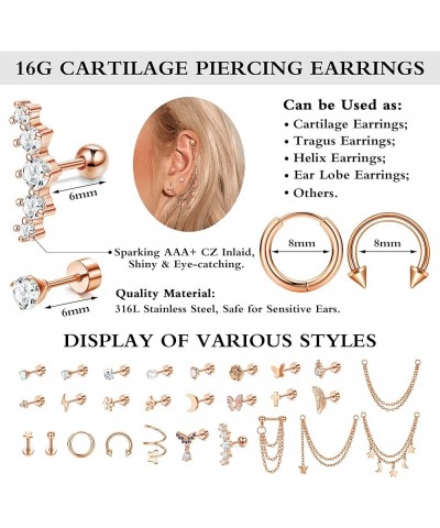 16G Cartilage Earrings Stud for Women Men Hypoallergenic Stainless Steel Flat back Stud Earrings Hoop Set Cute Star Moon Flow...