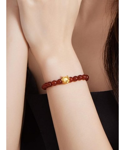 24K Solid Gold Bracelets for Women, Stretchable Lucky Animals Real Gold Rabbit Bangle Charm Bracelets, Pure Gold Agate Beaded...
