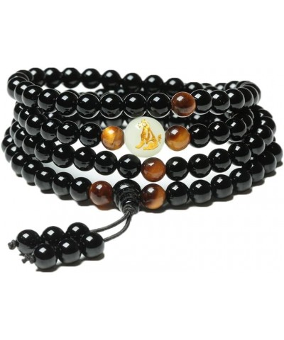 Natural Obsidian Luminous Carving Dragon Pattern Tiger Eye Stone Zodiac Bracelet 108 Beads Buddhist Rosary Elastic Adjustable...