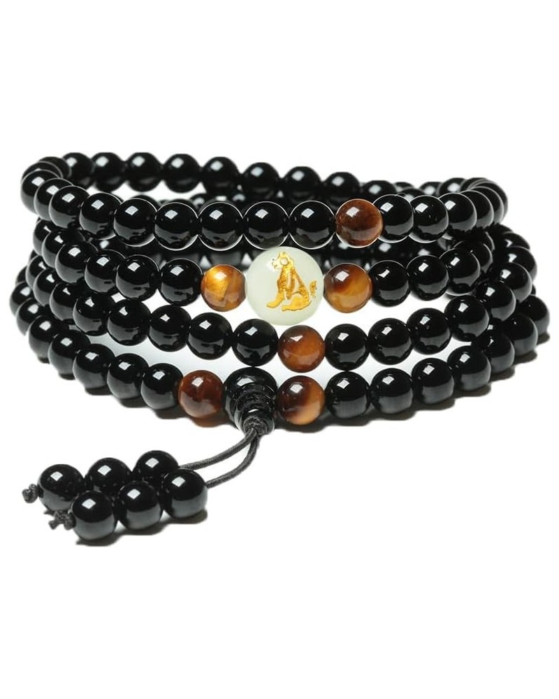 Natural Obsidian Luminous Carving Dragon Pattern Tiger Eye Stone Zodiac Bracelet 108 Beads Buddhist Rosary Elastic Adjustable...