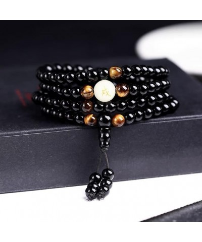 Natural Obsidian Luminous Carving Dragon Pattern Tiger Eye Stone Zodiac Bracelet 108 Beads Buddhist Rosary Elastic Adjustable...